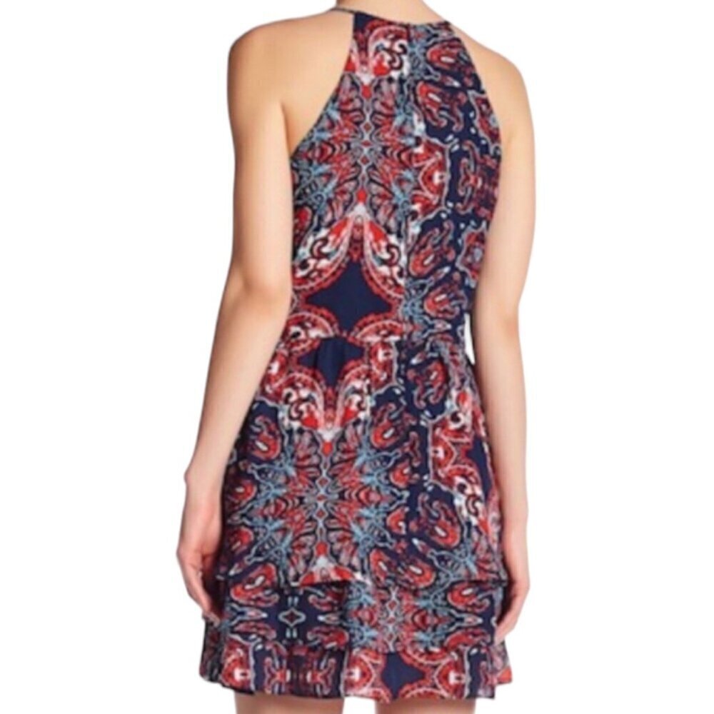 Parker Bandana Print Lace-up Halter Mini Dress, Navy Red Ruffle Hem Women's S - Picture 2 of 12